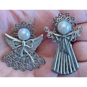 Silver Dainty Pearl Angel Pin Brooch Filigree Lot Of 2 Lightweight